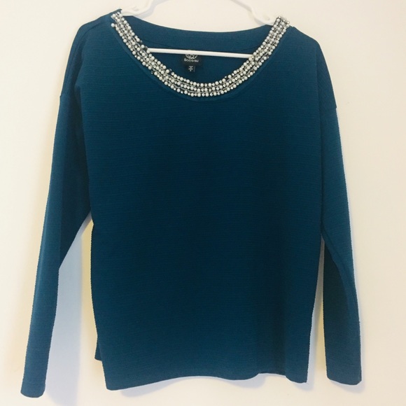*DONATED* BOBEAU Teal Embellished Pullover Long Sleeve Top Size Small - Picture 7 of 10